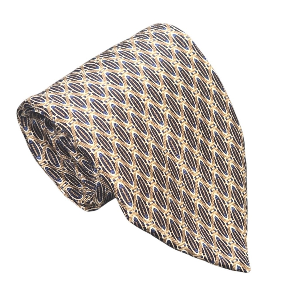 Stafford Executive Silk Tie Men's Tan Navy Blue Geometric Oval Made in Italy